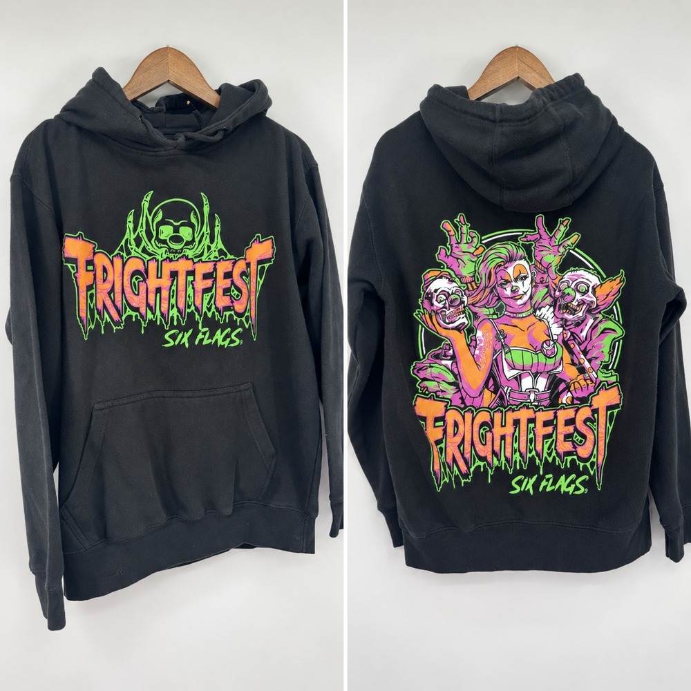 Six Flags Fright Fest Hoodie L Black Glow in the Dark Halloween Horror